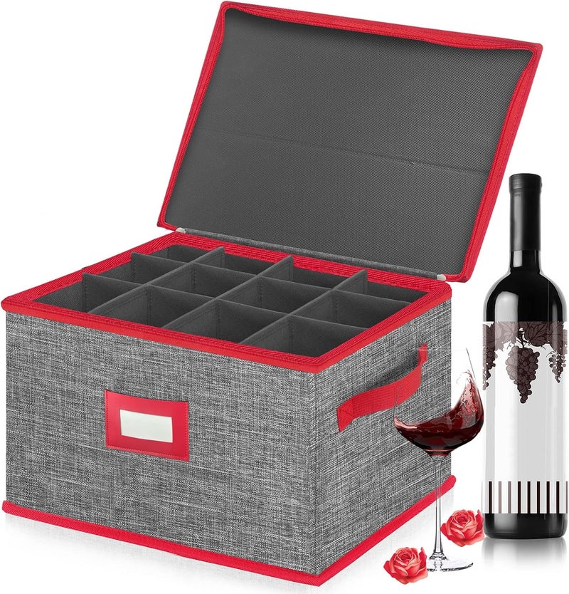 VERONLY Wine Glass Storage Box with Dividers, Stemware Storage Case Hard Shell Stackable for Up to 12 Glasses, Crystal Glassware Containers for Holidays (Grey and Red) - Image 1